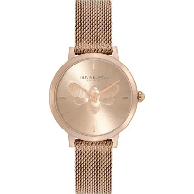 Olivia Burton Signature Bees Mesh Strap Watch, 28mm In Carnation Gold