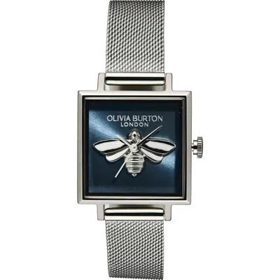 Olivia Burton Square Lucky Bee Mesh Strap Watch, 23mm In Black