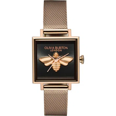 Olivia Burton Square Lucky Bee Mesh Strap Watch, 23mm In Gold