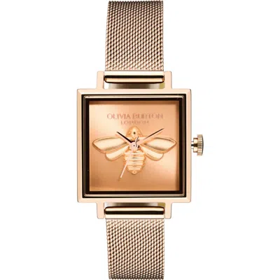 Olivia Burton Square Lucky Bee Mesh Strap Watch, 23mm In Rose Gold