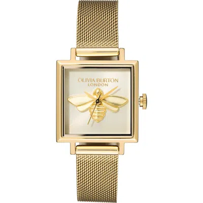 Olivia Burton Square Lucky Bee Mesh Strap Watch, 23mm In Metallic