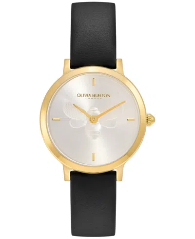Olivia Burton Women's Ultra Slim Bee Black Leather Watch 28mm In White