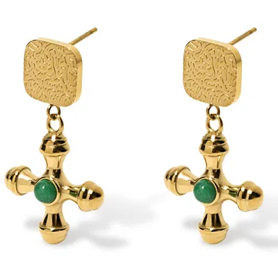 Olivia Le Women's Green / Gold Emerald Adalena Cross Charm Earrings