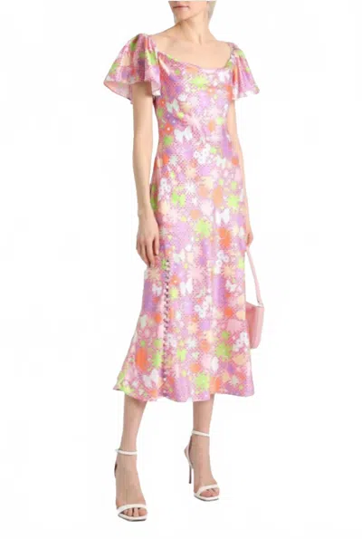 Olivia Rubin Button-embellished Printed Satin Midi Dress In Pink In Multi