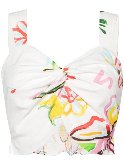 Olivia Rubin Roisin Painterly Floral Tie Front Crop Top In White