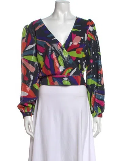 Pre-owned Olivia Rubin Printed V-neck Top In Black