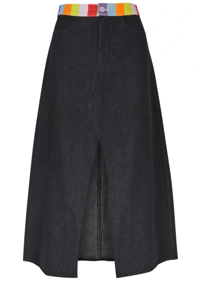 Olivia Rubin Vic Stripe-trimmed Denim Midi Skirt In Black