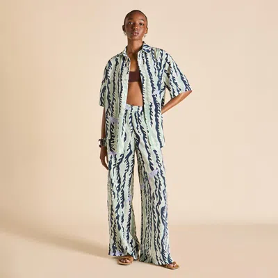 Olivia Von Halle Alabama Marina Navy Wave Pyjamas In Silk Crêpe De Chine
