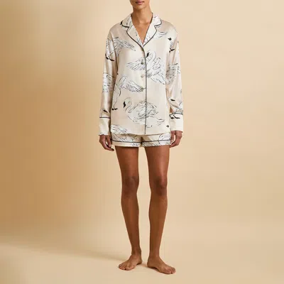 Olivia Von Halle Alba Blanca Cream Swan Pyjamas In Silk Satin In White