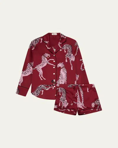 Olivia Von Halle Alba Cherie Leopard-print Silk Pajama Set In Burgundy