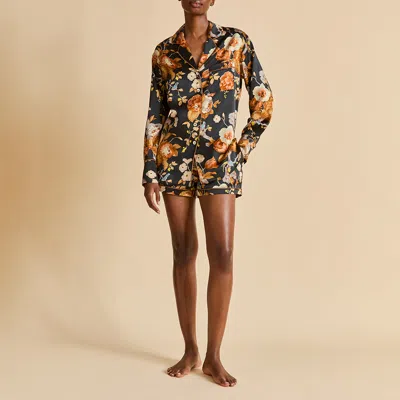 Olivia Von Halle Alba Evora Black Floral Pyjamas In Silk Satin
