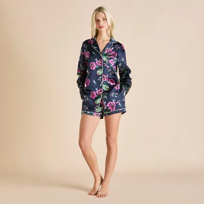 Olivia Von Halle Alba Madison Navy Floral Pyjamas In Silk Satin In Navy Blue