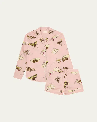 Olivia Von Halle Alba Moth-print Silk Satin Short Pajama Set In Pink