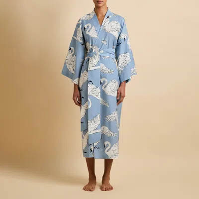 Olivia Von Halle Amaya Laia Blue Swan Robe In Cotton-silk