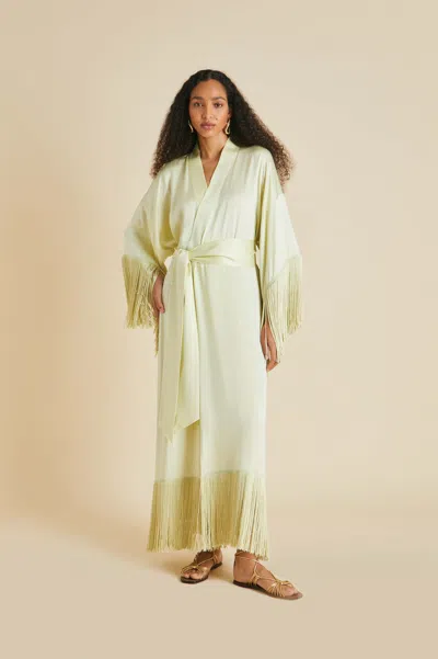 Olivia Von Halle Amina Pale Yellow Fringed Robe In Sandwashed Silk In Elderflower
