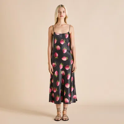 Olivia Von Halle Artemis Brigham Black Strawberry Slip Dress