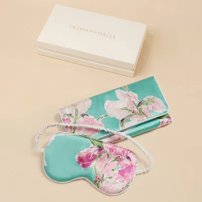 Olivia Von Halle Audrey Abalone Turquoise Floral Eye Mask