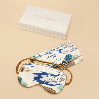Olivia Von Halle Audrey Cadaqués Cream Landscape Eye Mask In Silk Crêpe De Chine In White