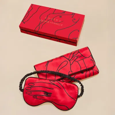 Olivia Von Halle Audrey Costes Red Figures Eye Mask In Silk Satin In Brown