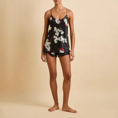 Olivia Von Halle Bella René Black Blossom Camisole Set In Silk Satin