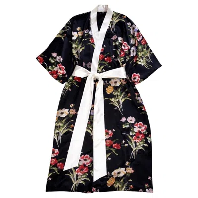 Pre-owned Olivia Von Halle Black Floral Print Silk Dressing Gown Kimono Robe Os