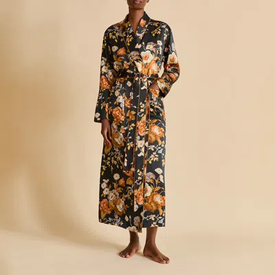 Olivia Von Halle Capability Evora Black Floral Robe In Silk Satin