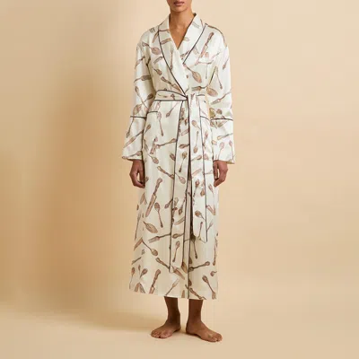 Olivia Von Halle Capability Sevilla Cream Silverware Robe In Silk Satin In White