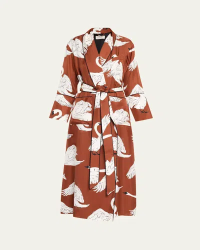 Olivia Von Halle Capability Swan-print Silk Robe In Ines