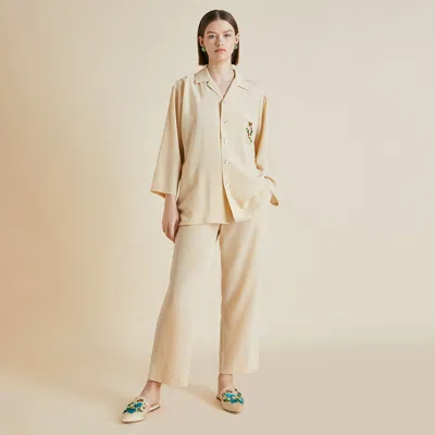 Olivia Von Halle Casablanca Caladrius Cream Floral Silk Crêpe De Chine Pajamas - Xl In Neutral