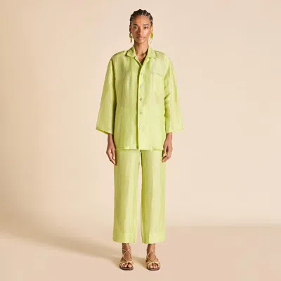 Olivia Von Halle Casablanca Celery Green Pyjamas In Linen-silk