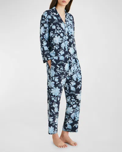 Olivia Von Halle Casablanca Cropped Floral-print Silk Pajama Set In Blue