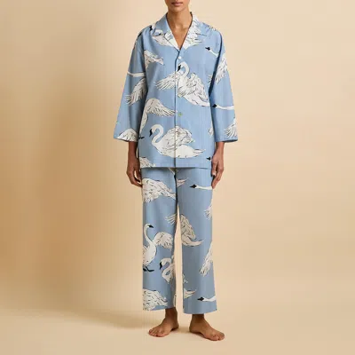 Olivia Von Halle Casablanca Laia Blue Swan Pyjamas In Cotton-silk