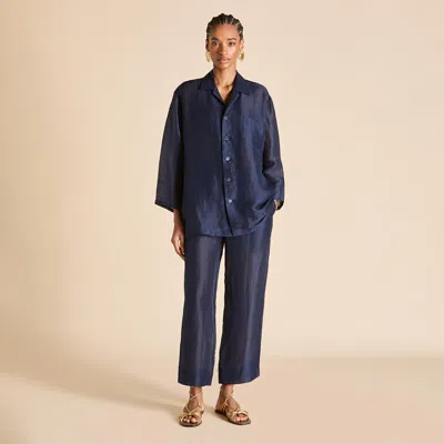 Olivia Von Halle Casablanca Navy Pyjamas In Linen-silk