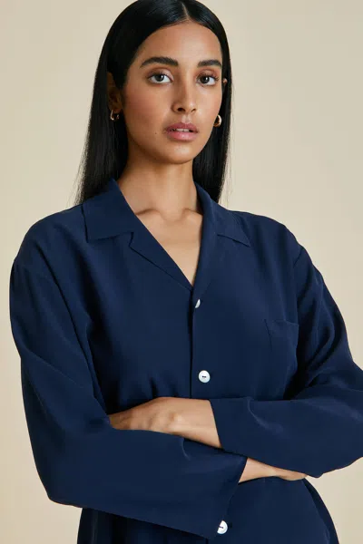 Olivia Von Halle Casablanca Navy Silk Crêpe De Chine Pajama Set - L In Blue