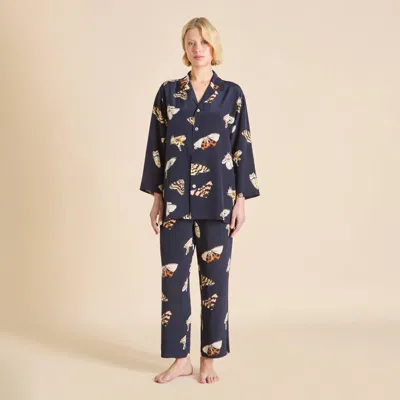 Olivia Von Halle Casablanca Notte Navy Moth Pajamas In Blue