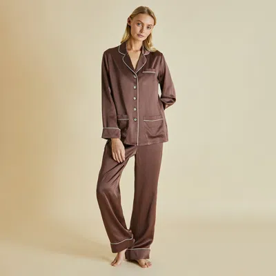 Olivia Von Halle Coco Fig Silk Satin Pajama Set - Xl In Brown | ModeSens