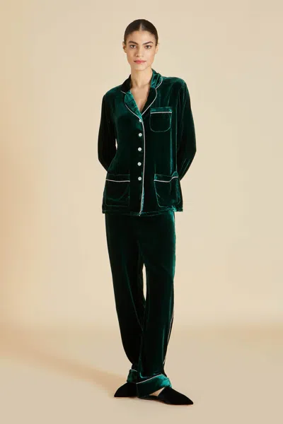 Olivia Von Halle Coco Tybalt Silk Velvet Pajama Set - L In Green