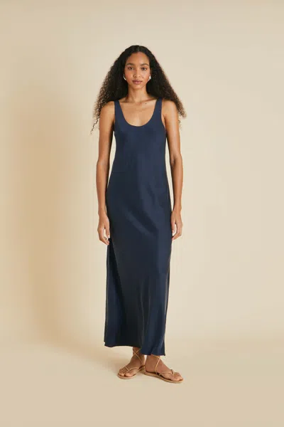 Olivia Von Halle Dali Navy Slip Dress In Sandwashed Silk In Blue