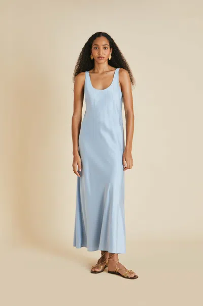 Olivia Von Halle Dali Powder Blue Slip Dress In Sandwashed Silk