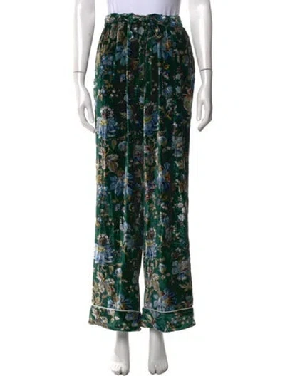 Pre-owned Olivia Von Halle Floral Print Wide Leg Pants In Green