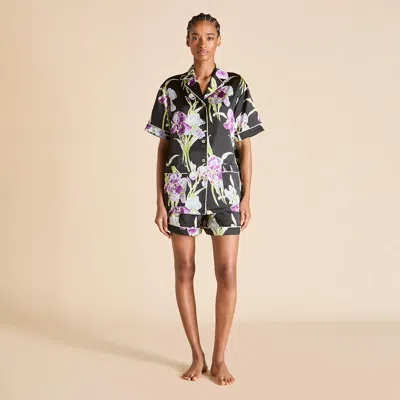 Olivia Von Halle Ingo Athena Black Floral Pyjamas In Silk Satin