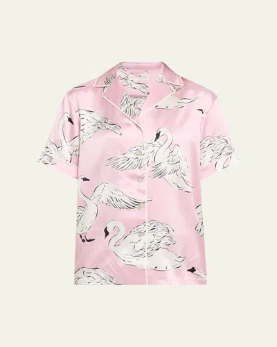 Olivia Von Halle Ingo Selene Swan-print Silk Satin Pajama Set In Multi