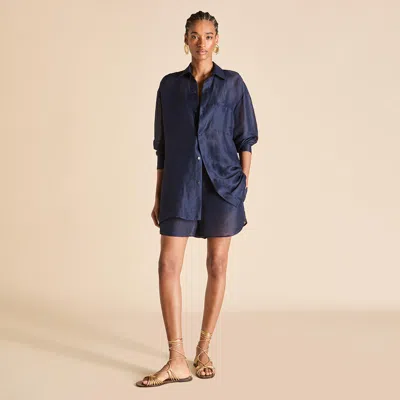 Olivia Von Halle Kick Navy Pyjamas In Linen-silk