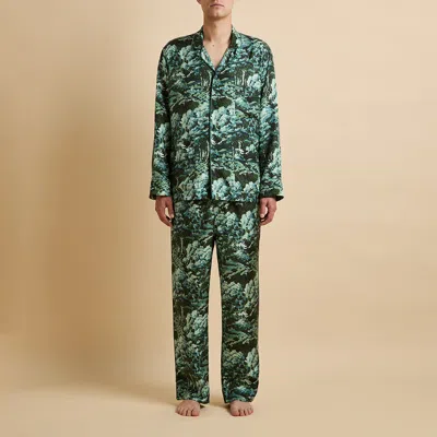 Olivia Von Halle Laurent Linden Green Forest Pyjamas In Silk Twill