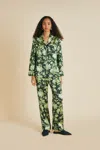 OLIVIA VON HALLE LILA ARES GREEN FLORAL PYJAMAS IN SILK SATIN