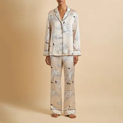 Olivia Von Halle Lila Blanca Cream Swan Pyjamas In Silk Satin In White