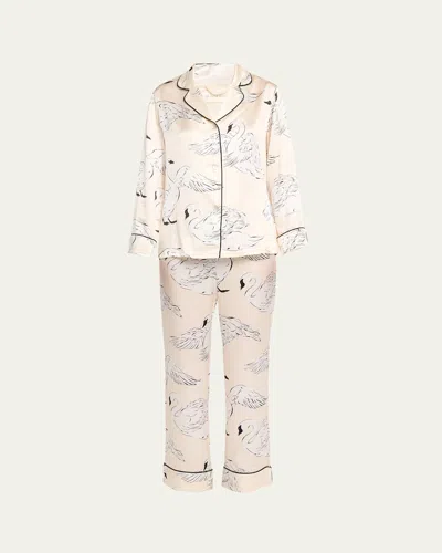 Olivia Von Halle Lila Blanca Swan-print Silk Satin Pajama Set In Neutral