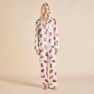 Olivia Von Halle Lila Blythe Ivory Strawberry Pyjamas In Silk Satin