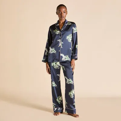 Olivia Von Halle Lila Caspian Navy Goldfish Pyjamas In Silk Satin