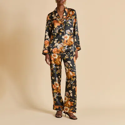 Olivia Von Halle Lila Evora Black Floral Pyjamas In Silk Satin